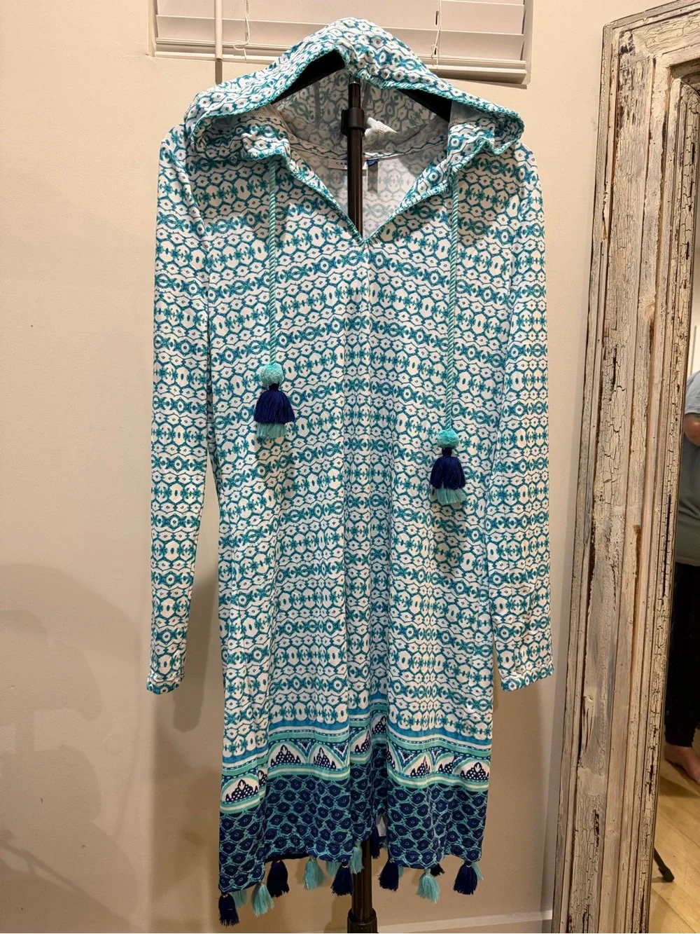 Cabana Life Teal and White Printed Hooded Cover-Up